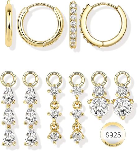 14K Gold Earring Charms for Hoops : 925 Sterling Silver Earrings Hypoallergenic Small Huggie Hoop Earrings with Dangle CZ Charm Dainty Mix and Match Earring Pack for Women Men in Kuwait