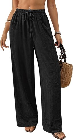 Bsubseach Womens Wide Leg Pants Summer Casual Palazzo Pant Flowy Drawstring High Waist Beach Lounge Trousers with Pocket in Kuwait