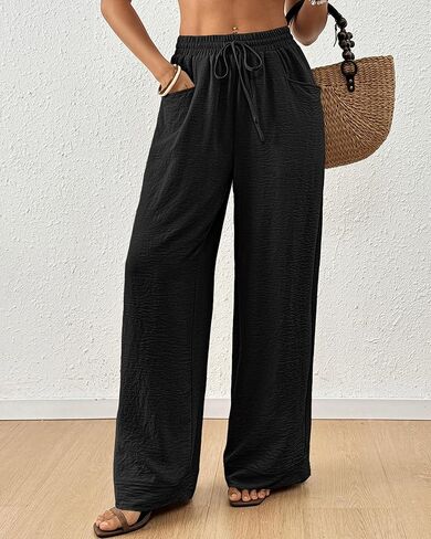 Bsubseach Womens Wide Leg Pants Summer Casual Palazzo Pant Flowy Drawstring High Waist Beach Lounge Trousers with Pocket in Kuwait