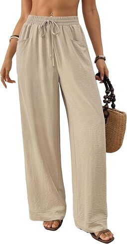 Bsubseach Womens Wide Leg Pants Summer Casual Palazzo Pant Flowy Drawstring High Waist Beach Lounge Trousers with Pocket in Kuwait
