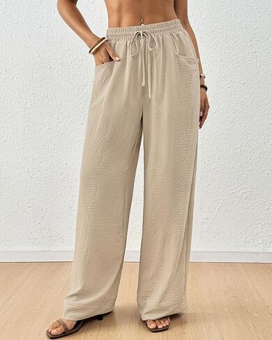 Bsubseach Womens Wide Leg Pants Summer Casual Palazzo Pant Flowy Drawstring High Waist Beach Lounge Trousers with Pocket in Kuwait