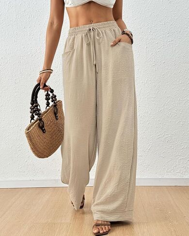 Bsubseach Womens Wide Leg Pants Summer Casual Palazzo Pant Flowy Drawstring High Waist Beach Lounge Trousers with Pocket in Kuwait