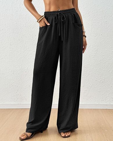 Bsubseach Womens Wide Leg Pants Summer Casual Palazzo Pant Flowy Drawstring High Waist Beach Lounge Trousers with Pocket in Saudi Arabia