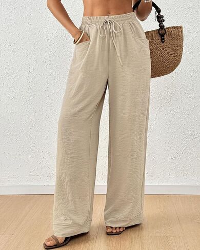 Bsubseach Womens Wide Leg Pants Summer Casual Palazzo Pant Flowy Drawstring High Waist Beach Lounge Trousers with Pocket in Kuwait