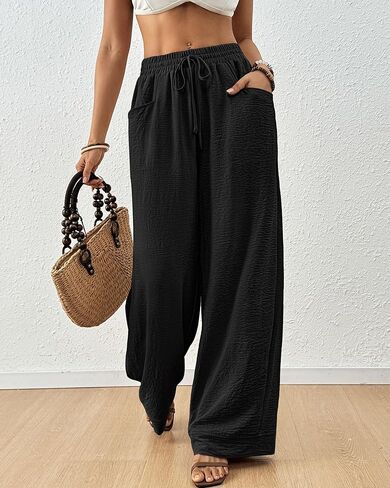Bsubseach Womens Wide Leg Pants Summer Casual Palazzo Pant Flowy Drawstring High Waist Beach Lounge Trousers with Pocket in Saudi Arabia