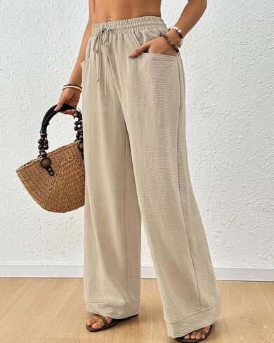 Bsubseach Womens Wide Leg Pants Summer Casual Palazzo Pant Flowy Drawstring High Waist Beach Lounge Trousers with Pocket in Kuwait