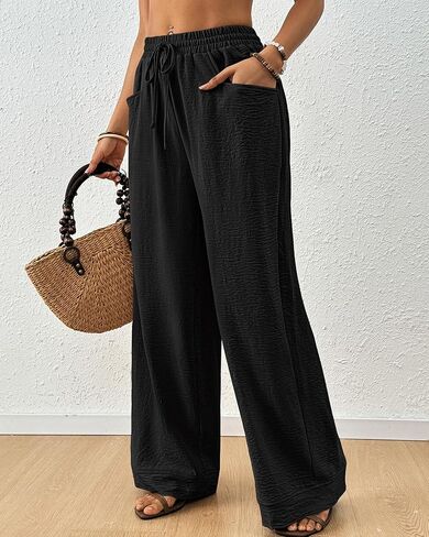 Bsubseach Womens Wide Leg Pants Summer Casual Palazzo Pant Flowy Drawstring High Waist Beach Lounge Trousers with Pocket in Saudi Arabia