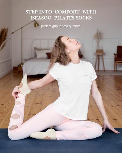 Iseasoo Pilates Socks for Women Non Slip Grip Socks Yoga Socks Ankle Grippy Socks Woman for Barre, Hospital, Barefoot in Kuwait