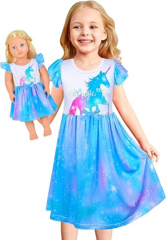 PASHOP Doll and Girl Matching Nightgown Flutter Sleeve Unicorn Princess Pajamas Night Dress for Girls and 18" Doll Clothes in Kuwait