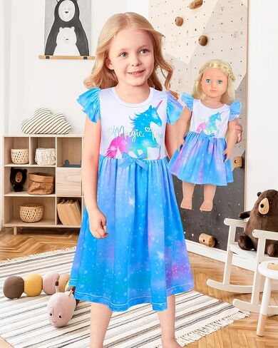 PASHOP Doll and Girl Matching Nightgown Flutter Sleeve Unicorn Princess Pajamas Night Dress for Girls and 18" Doll Clothes in Kuwait