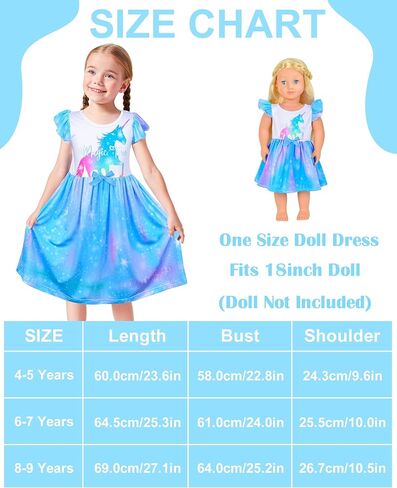 PASHOP Doll and Girl Matching Nightgown Flutter Sleeve Unicorn Princess Pajamas Night Dress for Girls and 18" Doll Clothes in Kuwait