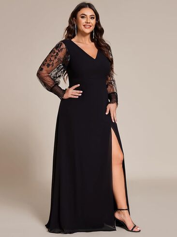 دائمة الاحتياطية بالإضافة إلى Women's V Neck Trendy Trendy Servidered Long Long Aledes A shiffon split split plus size size salial dity 02251-da in Saudi Arabia