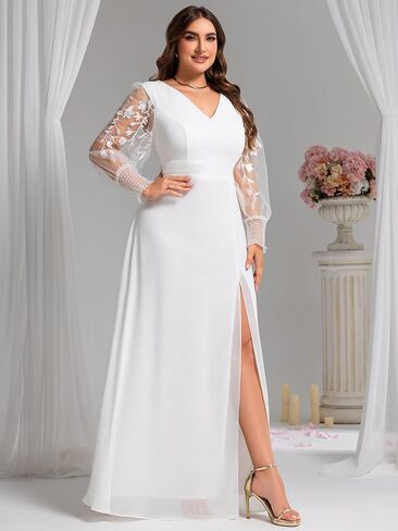 دائمة الاحتياطية بالإضافة إلى Women's V Neck Trendy Trendy Servidered Long Long Aledes A shiffon split split plus size size salial dity 02251-da in Kuwait