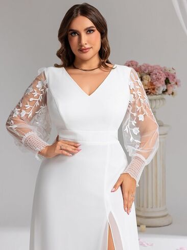 دائمة الاحتياطية بالإضافة إلى Women's V Neck Trendy Trendy Servidered Long Long Aledes A shiffon split split plus size size salial dity 02251-da in Kuwait