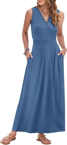 AUSELILY Women's Maxi Dress 2025 Summer Casual Sleeveless Sundress V Neck Wrap Vacation Cocktail Long Dresses with Pockets in Saudi Arabia