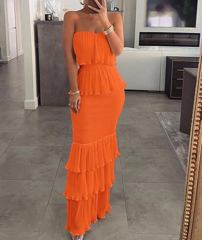 Sexyshine Women's Tube Top Ruffled Tiered Maxi Dress Sleeveless Backless Bodycon Smocked Shirred Party Holiday Long Dress in Saudi Arabia
