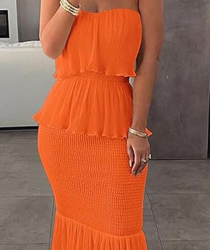 Sexyshine Women's Tube Top Ruffled Tiered Maxi Dress Sleeveless Backless Bodycon Smocked Shirred Party Holiday Long Dress in Saudi Arabia