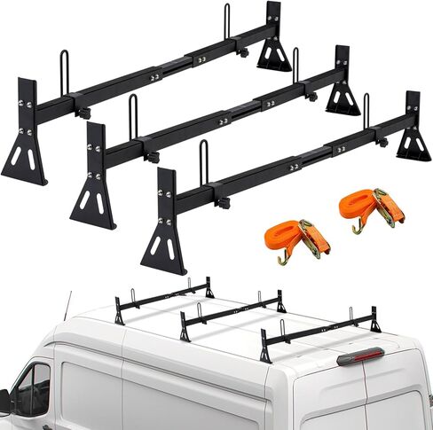 Universal Van Ladder Roof Racks, 3-Bar, Matte Coating - Fit Chevy Express Vans 1996-Up, 800LB Load-Capacity in Kuwait