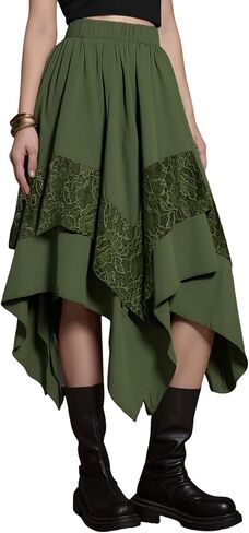 Yimoon Womens Renaissance Skirt Lace Tiered Asymmetrical Flowy Fairy Long Skirt High Waist Gothic Midi Skirts in Kuwait
