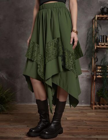 Yimoon Womens Renaissance Skirt Lace Tiered Asymmetrical Flowy Fairy Long Skirt High Waist Gothic Midi Skirts in Kuwait