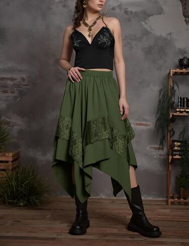 Yimoon Womens Renaissance Skirt Lace Tiered Asymmetrical Flowy Fairy Long Skirt High Waist Gothic Midi Skirts in Kuwait