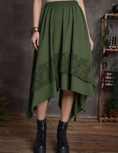 Yimoon Womens Renaissance Skirt Lace Tiered Asymmetrical Flowy Fairy Long Skirt High Waist Gothic Midi Skirts in Kuwait