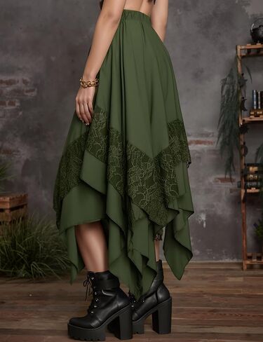 Yimoon Womens Renaissance Skirt Lace Tiered Asymmetrical Flowy Fairy Long Skirt High Waist Gothic Midi Skirts in Kuwait