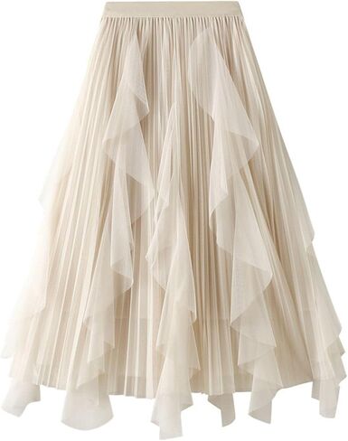 Women's Tulle Skirt Formal Asymmetrical Ruffle Midi Skirts Elastic High Waist Fairy Skirt 2025 Fashion A-line Skirts in Saudi Arabia