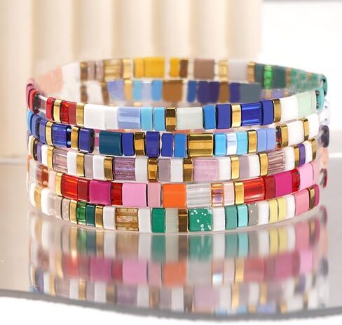 Summer Candy Colorful Tila Flat Seed Beads Stretch Strand Bracelets for Women Trendy Unique Friendship Handmade Mixed Square Beaded Link Stackable Summer Jewelry Gifts in Saudi Arabia