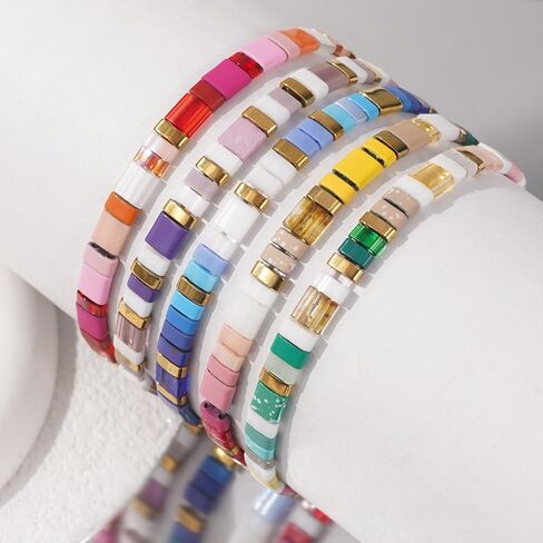 Summer Candy Colorful Tila Flat Seed Beads Stretch Strand Bracelets for Women Trendy Unique Friendship Handmade Mixed Square Beaded Link Stackable Summer Jewelry Gifts in Saudi Arabia