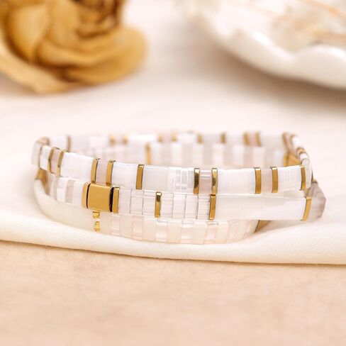 Sonateomber Tila Flat Beaded Stretch Bracelets for Women, Trendy Stackable Colorful Glass Square Beads Stack Bracelet Beach Jewelry Gift in Saudi Arabia