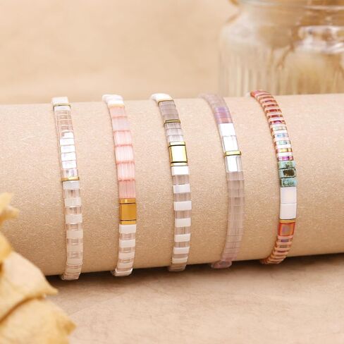 Sonateomber Tila Flat Beaded Stretch Bracelets for Women, Trendy Stackable Colorful Glass Square Beads Stack Bracelet Beach Jewelry Gift in Saudi Arabia