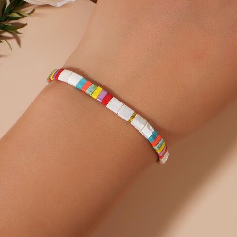 Summer Candy Colorful Tila Flat Seed Beads Stretch Strand Bracelets for Women Trendy Unique Friendship Handmade Mixed Square Beaded Link Stackable Summer Jewelry Gifts in Saudi Arabia