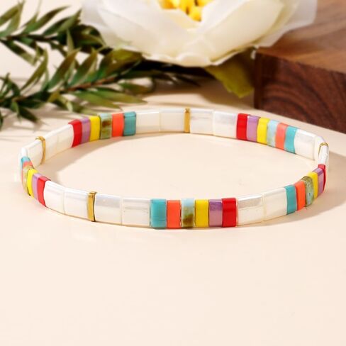 Summer Candy Colorful Tila Flat Seed Beads Stretch Strand Bracelets for Women Trendy Unique Friendship Handmade Mixed Square Beaded Link Stackable Summer Jewelry Gifts in Saudi Arabia