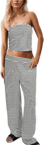 Women Sailor Tube Top Set 2 Piece Outfits Striped Strapless Bandeau Low Waist Wide-Leg Pants Lounge Sets in Kuwait