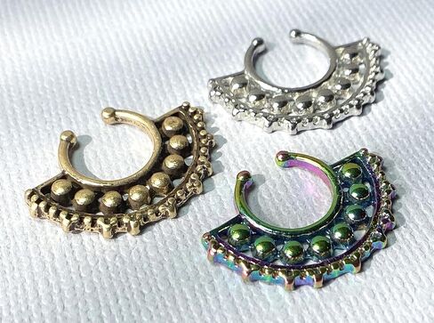 1pc 100% SURGICAL STEEL NON-Piercing Beaded Large Tribal Fan Fake Septum Hanger Clip-on Nose Ring - Body Jewelry in Saudi Arabia
