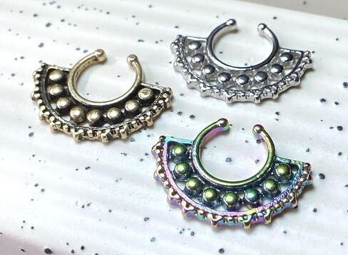 1pc 100% SURGICAL STEEL NON-Piercing Beaded Large Tribal Fan Fake Septum Hanger Clip-on Nose Ring - Body Jewelry in Saudi Arabia