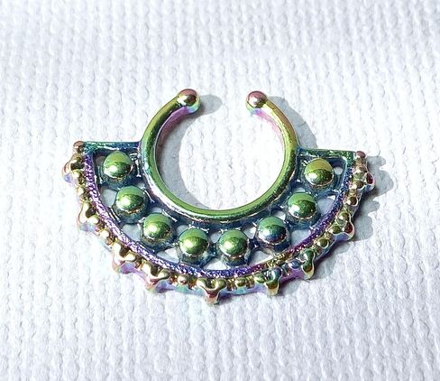 1pc 100% SURGICAL STEEL NON-Piercing Beaded Large Tribal Fan Fake Septum Hanger Clip-on Nose Ring - Body Jewelry in Saudi Arabia