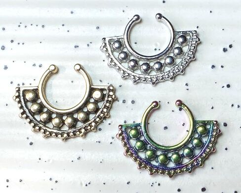 1pc 100% SURGICAL STEEL NON-Piercing Beaded Large Tribal Fan Fake Septum Hanger Clip-on Nose Ring - Body Jewelry in Saudi Arabia