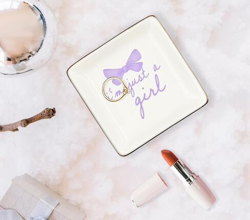 Just A Girl Ceramic Jewelry Tray Dish, Coquette Pink Bow Jewelry Plate Ring Trinket Dish, Girly Preppy Trendy Gifts for Girl Women Bestie Teens, Friendship Gifts for Best Friends 427 in Saudi Arabia