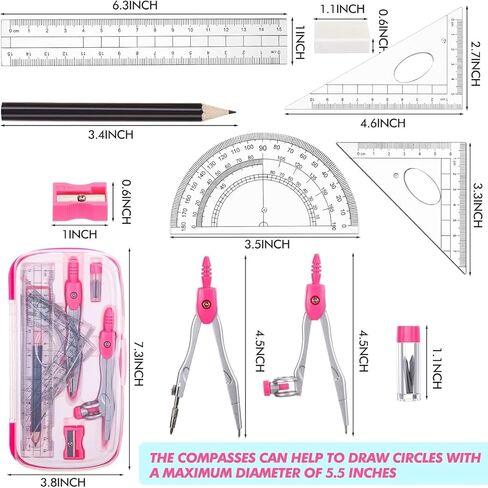 Zonon 24 Sets Math Geometry Kit Student Supplies with Shatterproof Storage Box Includes Compass, Rulers, Protractor, Eraser, Pencil Sharpener, Lead Refills, Pencil for Students Drafting Drawings in Saudi Arabia