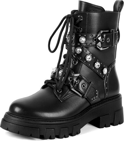 Motorcycle Boots for Women Combat Boots Chains Studded Pearl Boots Military Lace Up Ankle Boots Side Zipper Goth Boots Bukle Boots for Women in Saudi Arabia