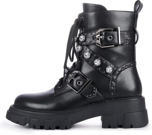 Motorcycle Boots for Women Combat Boots Chains Studded Pearl Boots Military Lace Up Ankle Boots Side Zipper Goth Boots Bukle Boots for Women in Saudi Arabia