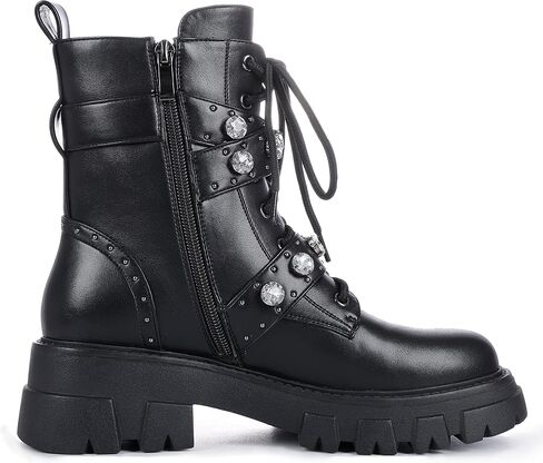 Motorcycle Boots for Women Combat Boots Chains Studded Pearl Boots Military Lace Up Ankle Boots Side Zipper Goth Boots Bukle Boots for Women in Saudi Arabia