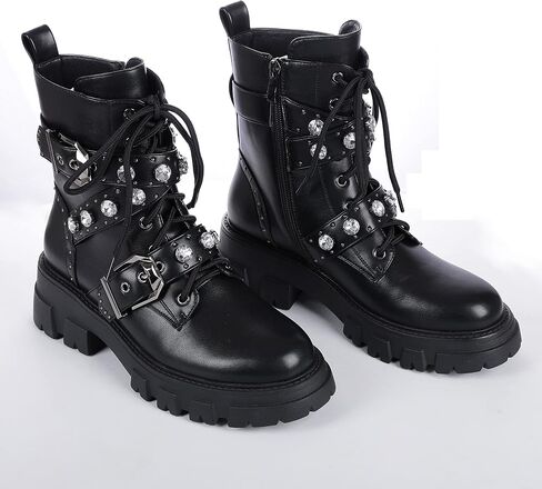 Motorcycle Boots for Women Combat Boots Chains Studded Pearl Boots Military Lace Up Ankle Boots Side Zipper Goth Boots Bukle Boots for Women in Saudi Arabia