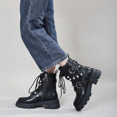 Motorcycle Boots for Women Combat Boots Chains Studded Pearl Boots Military Lace Up Ankle Boots Side Zipper Goth Boots Bukle Boots for Women in Saudi Arabia