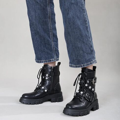 Motorcycle Boots for Women Combat Boots Chains Studded Pearl Boots Military Lace Up Ankle Boots Side Zipper Goth Boots Bukle Boots for Women in Saudi Arabia