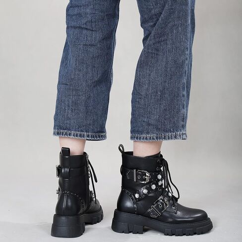 Motorcycle Boots for Women Combat Boots Chains Studded Pearl Boots Military Lace Up Ankle Boots Side Zipper Goth Boots Bukle Boots for Women in Saudi Arabia