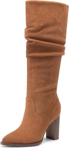 DREAM PAIRS Women's Knee High Boots Pointed Toe Chunky Block Heel Suede Boots Comfortable for Women with Side Zipper Pull on Fashion Slouchy Boots in Saudi Arabia