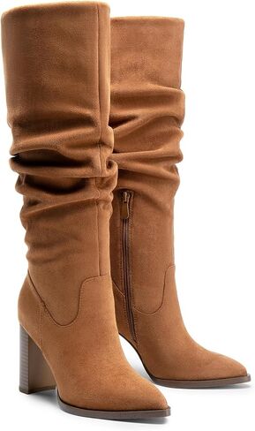 DREAM PAIRS Women's Knee High Boots Pointed Toe Chunky Block Heel Suede Boots Comfortable for Women with Side Zipper Pull on Fashion Slouchy Boots in Saudi Arabia